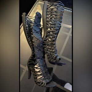 Black Strappy Knee-High Boots